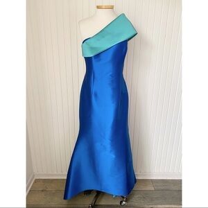 NWT Sachin & Babi Sadie Gown Azure Blue Duchess Satin Dress Green Sash Size 12